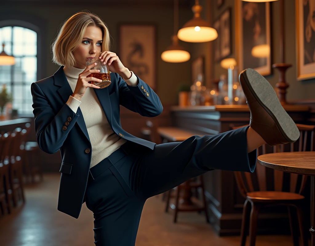 Karate kick to a man&#39;s body、Full body, standing pose, solon,  woman of 007 drink  a bourbon,  Pub at London , (1 Scottish woman , 30 age ,gold hair, short cut, wearing  Navy Blue blazer jacket, white turtleneck sweater,  Navy Blue pants, brown shoes ), front MI 6 building in London , ((super detail, high details, high quality, accurate, anatomically correct, textured skin, beautiful fingers super detail, high details, high quality, best quality))