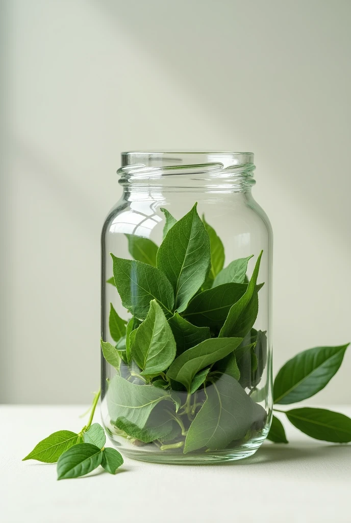 glass jar with medicinal plant leaves inside





