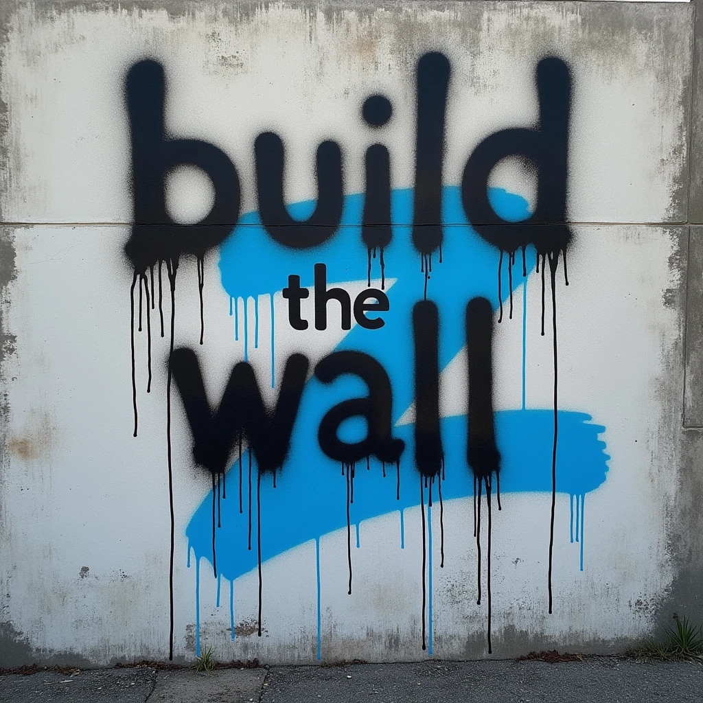t-shirt design, a cement wall with "build the wall"  scrawled in spray paint then an opaque blue "z" is painted as a new layer on top of the last letter of "wall" so the message reads "build the walz"