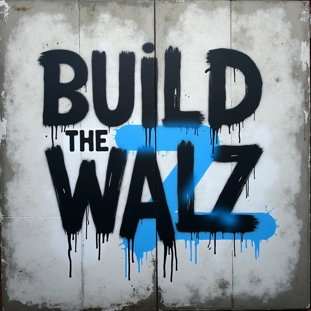 t-shirt design, a cement wall with "build the wall" scrawled in spray paint then an opaque blue "z" is painted as a new layer on top of the last letter of "wall" so the message reads "build the walz"