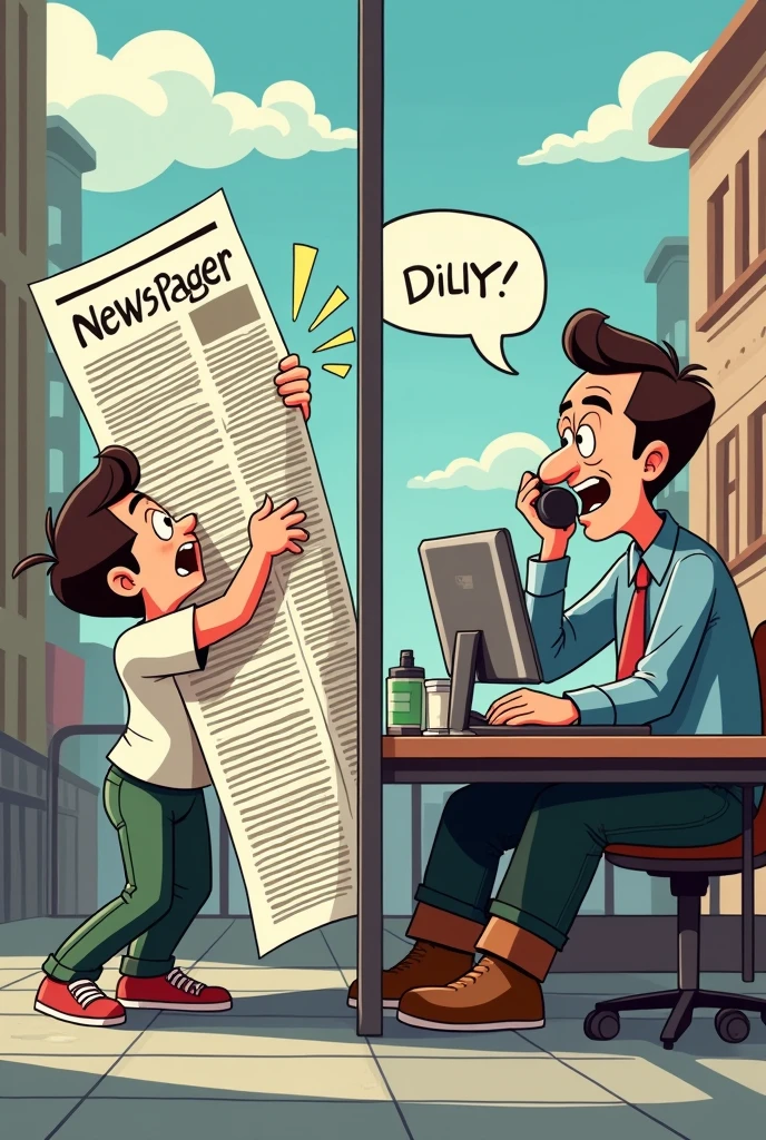Generate an image with two animated illustrations, with a clear distinction line between them. The image should be 1024x1024 pixels in size, in RGB mode, and match the style of animated, cartoon-like characters. On the left side, show a person physically holding a giant newspaper front page, struggling to keep it from flying away. On the right side, depict a newspaper editor on the phone, urgently telling someone to delay printing the front page in a busy newsroom setting. The editor, shown with a speech text bubble says, we need to delay the printing. Something important hitting in! 