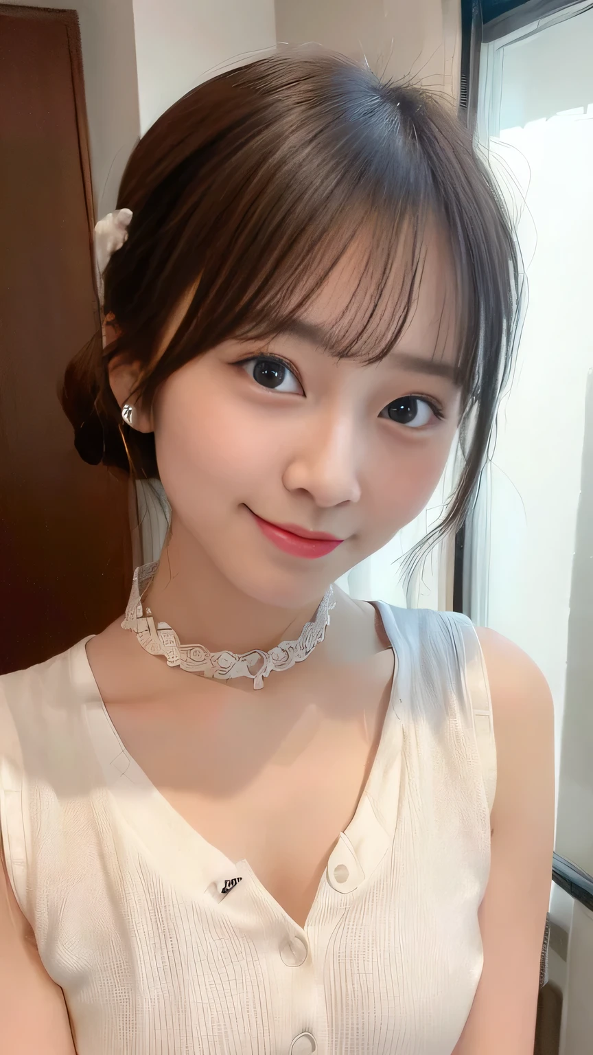 (8k, Highest quality, Genuine、 Ultra-high resolution:1.5),Beautiful Japanese Woman, ((Cute Smile)),(Updo), (Sleeveless shirt with collar), Profile of a person peering into the photo, Close-up shot of face、