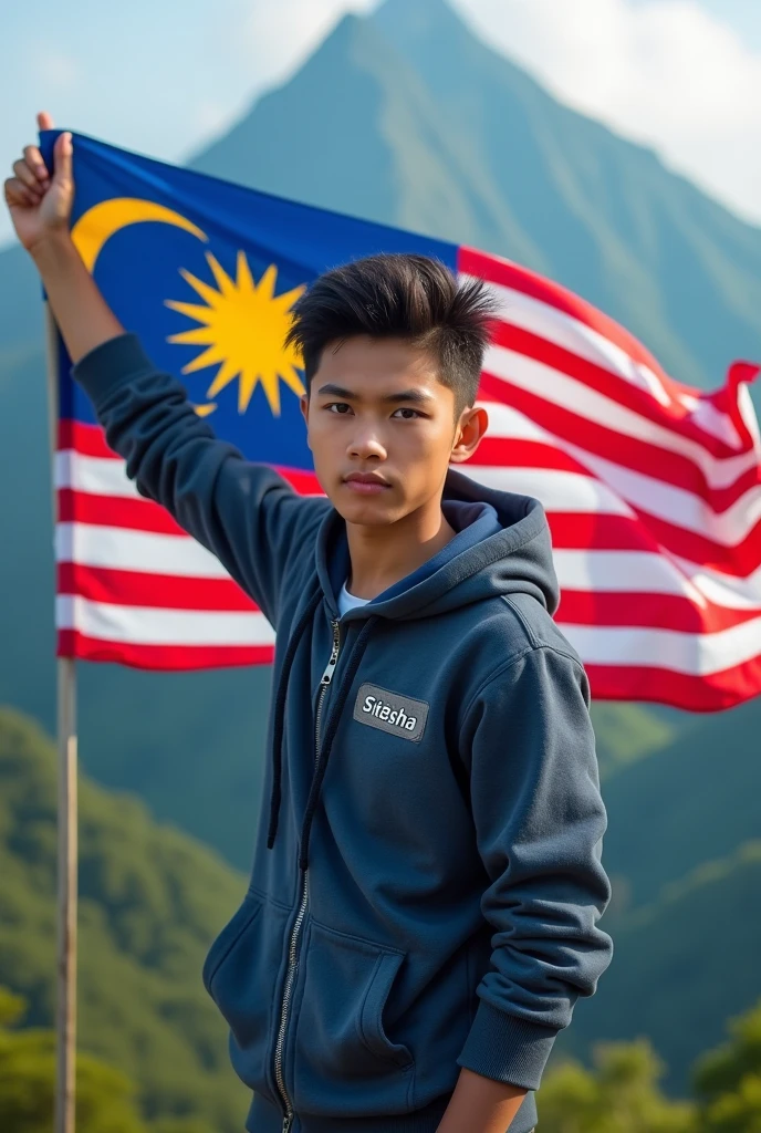 A handsome boy wearing a hoodie with a nametag "SitaSha" holding a malaysian flag and sabah flag with a Mount Kinabalu background