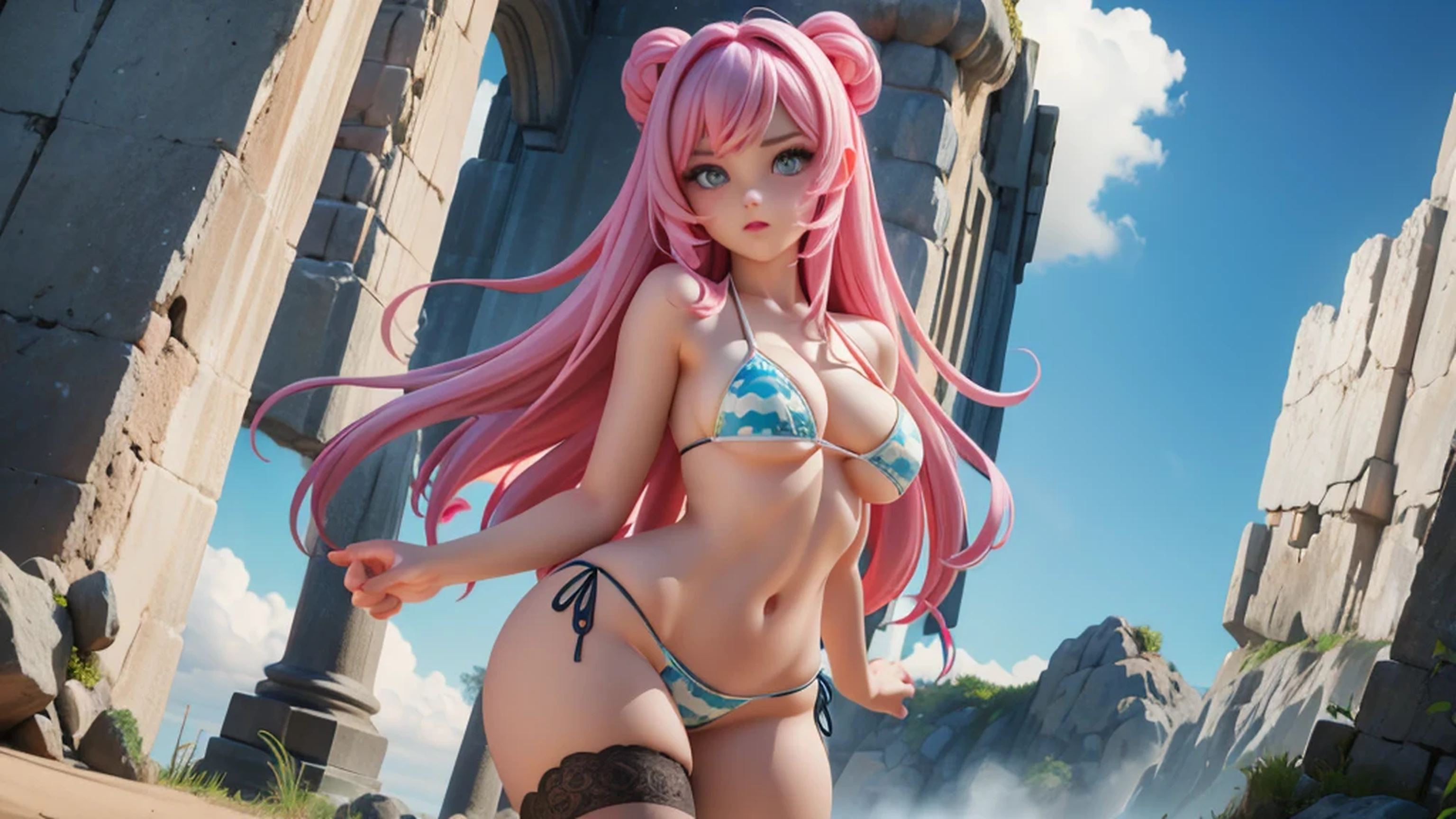 1girl, masterpiece, high res, best quality, highly detailed, wide hips, thigh highs, bikini, looking at viewer