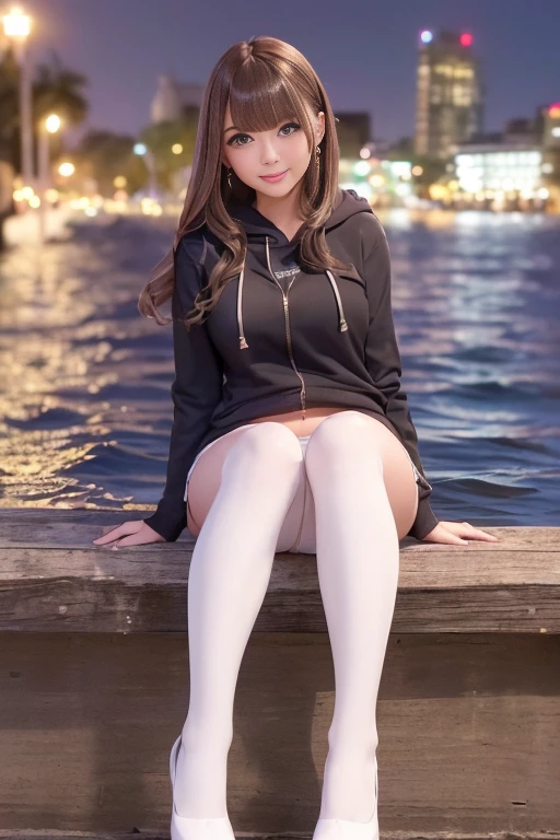 (High-end knee-high heel boots:1.1、Show off your heels by lining up the toes:1.3)、(Micro Mini Skirt:1.3)、Pull-zip hoodie、belly button、Cleavage、stockings、1 1 female、Short Bob Hair、Medium breast、A shy smile、slender toned body、Toned Legs、masterpiece:1.3、Raw photo quality、Highest quality、Detailed Images、Detailed Background、Sitting on the pier at night、White panties、((From the side、View from below:1.1))、