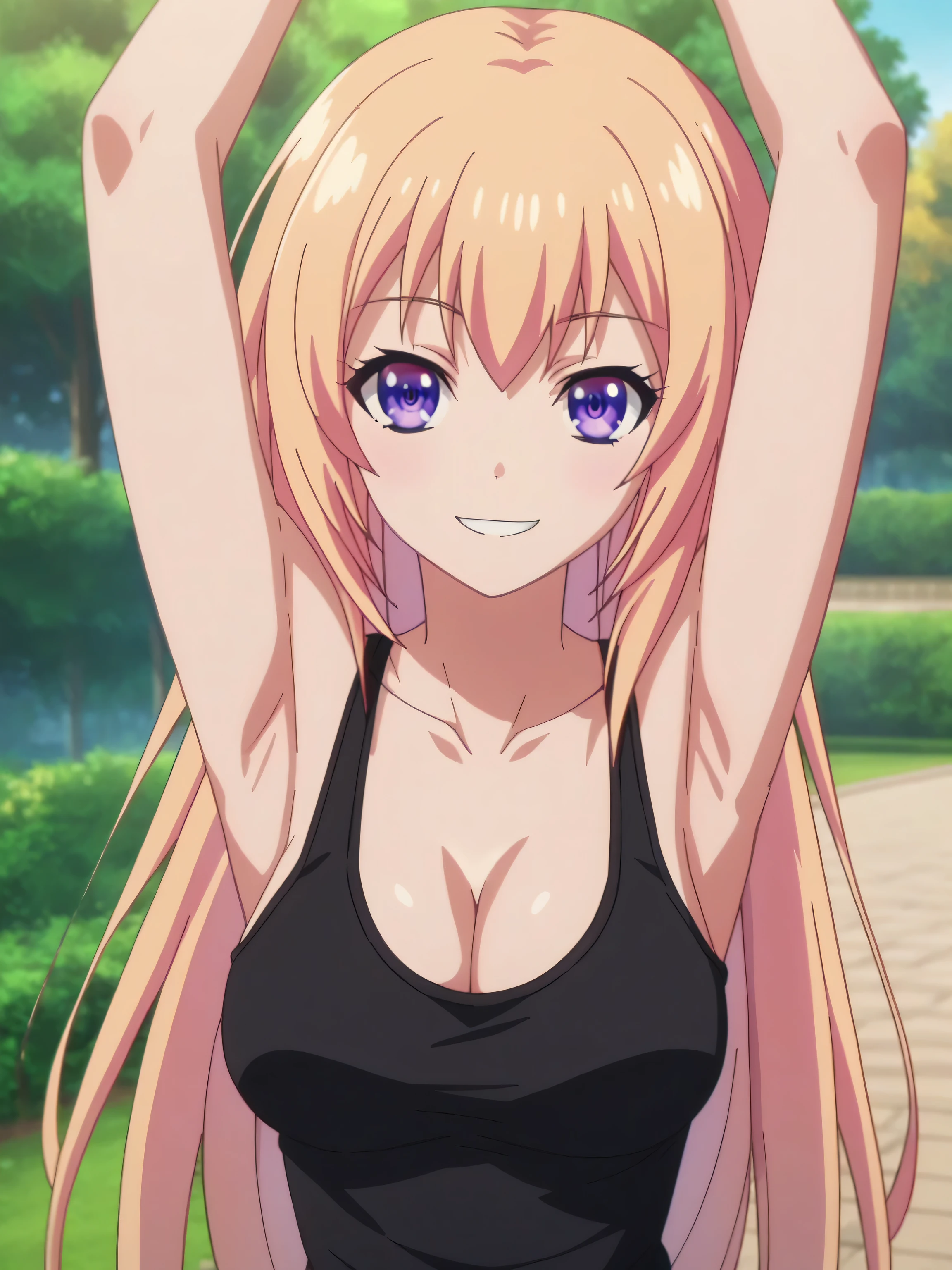 score_9, score_8_up, score_7_up, source_anime, anime screencap, outdoors, park, 1girl, solo, Honami Ichinose, long hair, cleavage, collarbone, tank top, black tank top, sleeveless, bare shoulders, bare arms, looking at viewer, eye contact with viewer, smile, arms up, raised arms, armpits