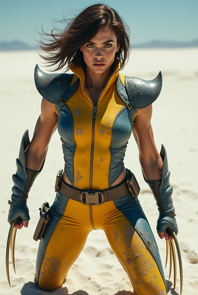 Woman in Wolverine costume, Realistic yellow and navy blue suit, suit with some wear, dirt and some cuts with dried blood, suit with some reinforcement, suit with sleeves, with the face completely visible, with a serious and slightly angry expression, SHOWING THE FANGS, with short and somewhat disheveled hair, with brown eyes, with three golden claws. full body image, in a white sand desert, in a combat pose.