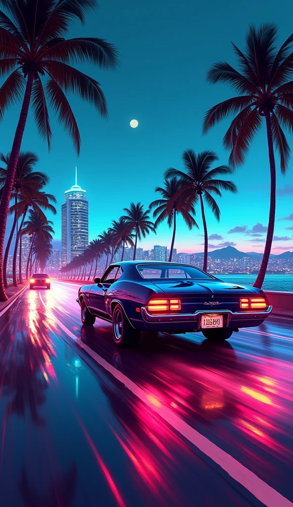 vintage car, palm trees, marine drive way, GTA Vice City style, night vibe, 80s, Hawaii, retro comic style illustration(back view)