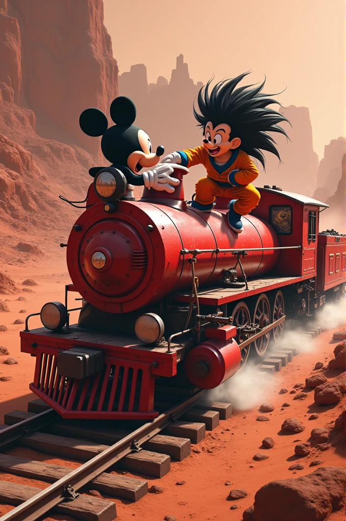 Mickey Mouse beating Goku on top of a strawberry train on Mars controlled by Ozzy Osbourne