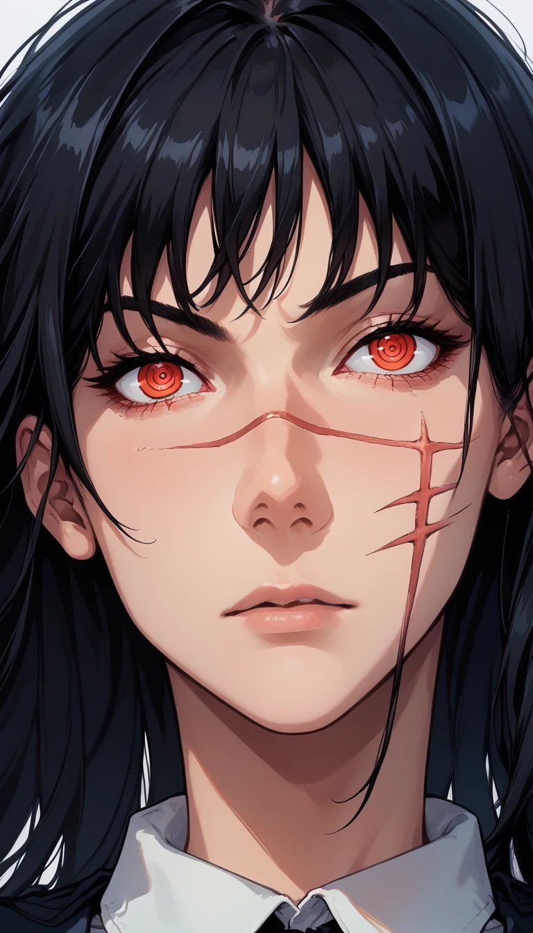 score_9, score_8_up, score_7_up, yoru, scar on face, ringed eyes, red eyes, black hair, long hair, black ribbon, black pinafore dress, close-up, manga style