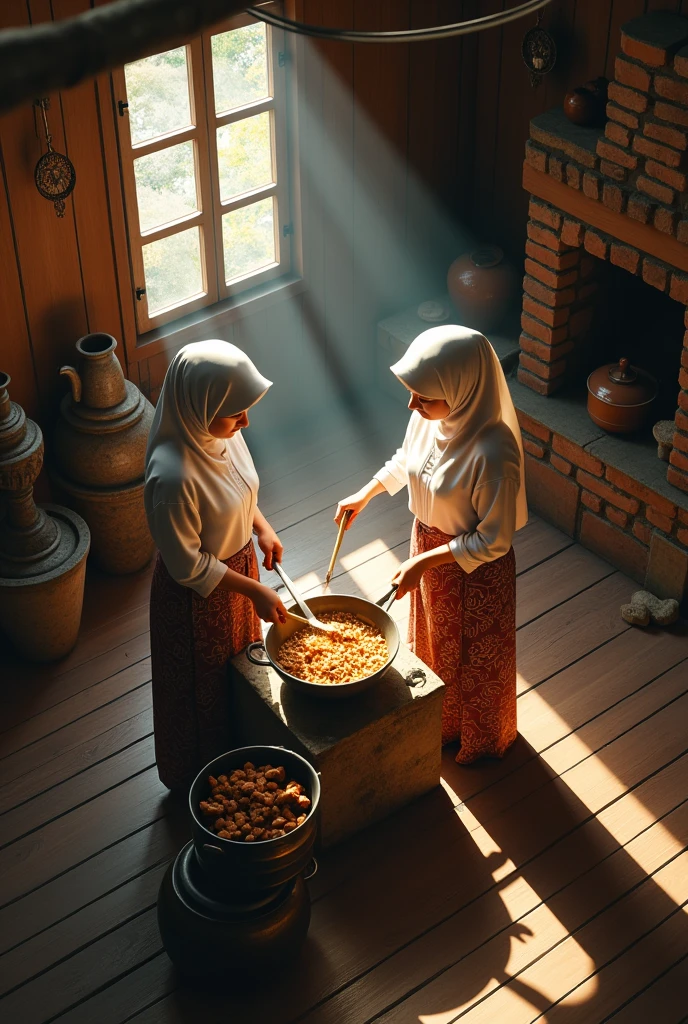 (photorealism:1.2), an aerial view of two malay beauty hijab girl sit down on a
floor in a wooden kitchen, in a midle of clay stove, wear a long sleeve t-shirt and a batik sarong, the girls pouring a meal onto the wok, a top aerial angle, in a morning sunshine, old urn,old traditional brick stove,, old kettle, old stone grinder, a pot of meat