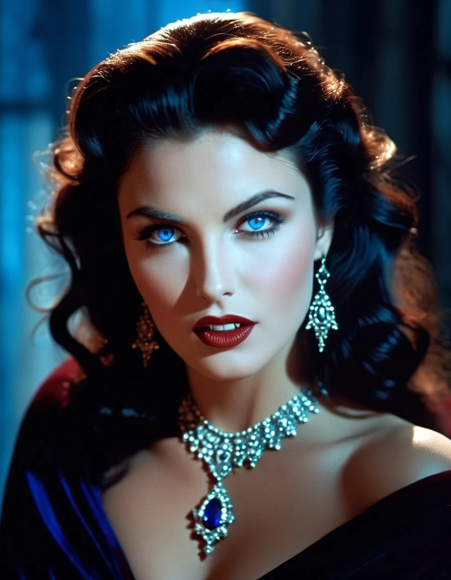 (cinematic film still of Gorgons in Greek mythology Frank Frazetta painting of a gothic female vampire with an evil, seductive smile on her unparalleled beauty, protruding her fangs and gazing into the camera with dazzling blue eyes that reflect the light. The eroticism of this beautiful busty female vampire who does not lose her dignity and sexiness even when baring her fangs and craving blood will make the male sacrificed ecstatic and offer his blood.), Gothic horror, vampiress, professional, vivid colors, perfect anatomy, ideal facial features, ideally proportioned figure, perfectly beautiful body, super detailed skin, glossy skin, glistening skin, fresh white skin, Glamor, soft and curvy, body conscious, cowboy shot, from below, Portrait, Shiny brunette wavy short hair, Forehead, arched eyebrows, double eyelids, blue eyes, Eyelashes, beautiful nose, beautiful nostrils, full lips, dark lipstick, glossy lips, Vampire fangs, (A slightly open whispering mouth, teeth, vampire fangs), Small Red Chalcedony Stone Piercing, Red Diamond Necklace, Deep blue satin off-shoulder dress with short hemline, neck, collarbone, deep cleavage, Upper breast swelling, Gigantic Breasts, shallow depth of field, entirety of sharp focus, vignette, highly detailed, high budget, bokeh, cinemascope, moody, epic, gorgeous, film grain, grainy, masterpiece, incredibly absurd resolution, absolutely resolution, ultra high resolution, Vampire Fangs, evil smirk