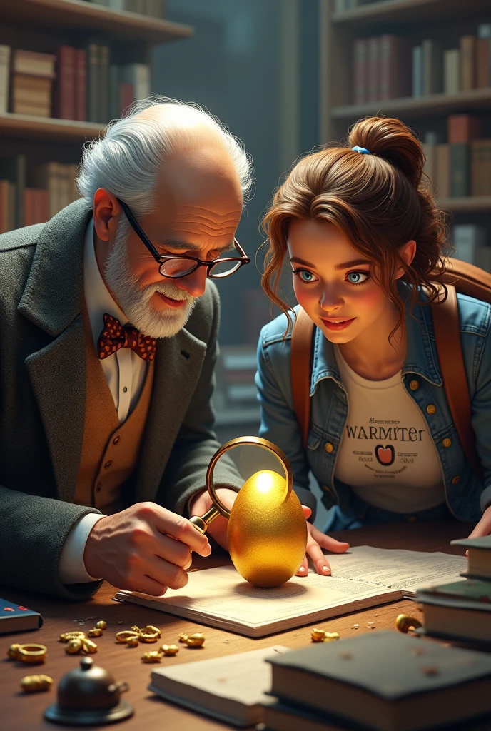 A university office cluttered with books and artifacts. Professor Carter An elderly man with silver-gray hair, a neatly trimmed beard, and round glasses. He wears a tweed jacket with elbow patches, a vest, and a bow tie, exuding a scholarly, classic appearance., an elderly man with glasses and a scholarly demeanor, examines the golden egg closely with a magnifying glass. Amelia a young woman with curly chestnut-brown hair pulled back into a ponytail and bright blue eyes. She dresses casually in jeans, a graphic tee, and a denim jacket, with a backpack full of research materials and her friends, young and curious, look on with anticipation.