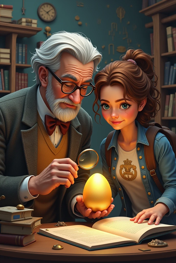 A university office cluttered with books and artifacts. Professor Carter An elderly man with silver-gray hair, a neatly trimmed beard, and round glasses. He wears a tweed jacket with elbow patches, a vest, and a bow tie, exuding a scholarly, classic appearance., an elderly man with glasses and a scholarly demeanor, examines the golden egg closely with a magnifying glass. Amelia a young woman with curly chestnut-brown hair pulled back into a ponytail and bright blue eyes. She dresses casually in jeans, a graphic tee, and a denim jacket, with a backpack full of research materials and her friends, young and curious, look on with anticipation. 