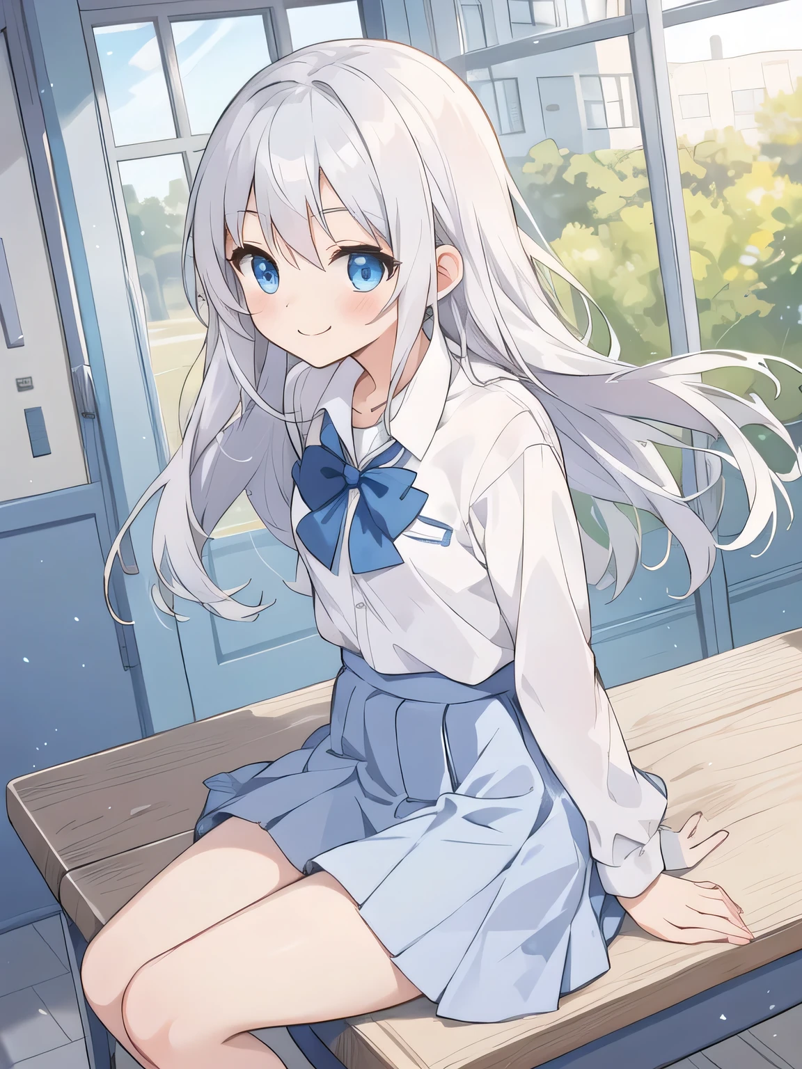 cute girl, アニメ, silver hair, Blue eyes, feel shy, cute, (young:1.1), side shot, cowboy shot, white school uniform, morning, school zone, smile, blue skirt, strong wind, white pantie, sitting