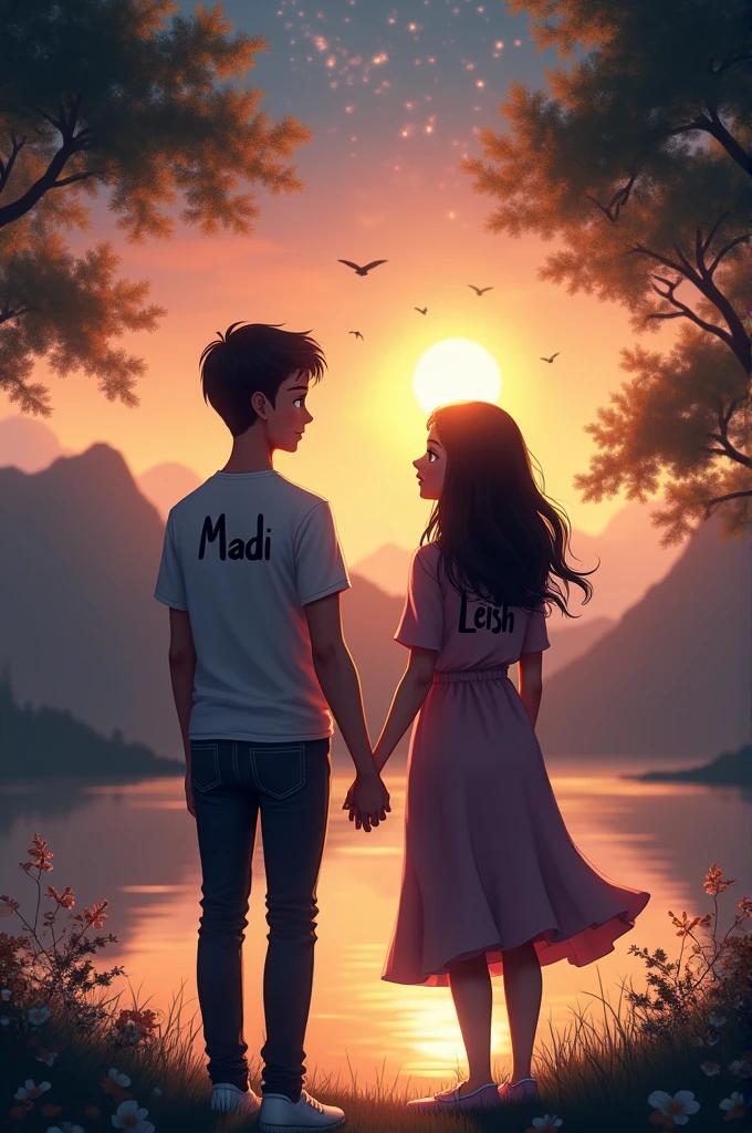 Generate a beautiful scenery in which a guy and a girl have their backs and are holding their hands ghe guy has Madi writren at the back of his shirt and the gurl has Leish written 
