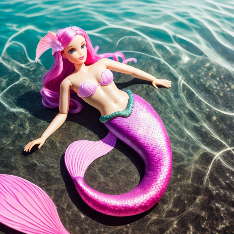 barbiecore, Lyrical Desperate "In the tapestry of twilight, shadows and light entwine, unveiling the mysteries of dusk.", insane details, Neoclassicism, 80mm, full body, mermaid, mermaid tail below waistline, underwater blue sea,