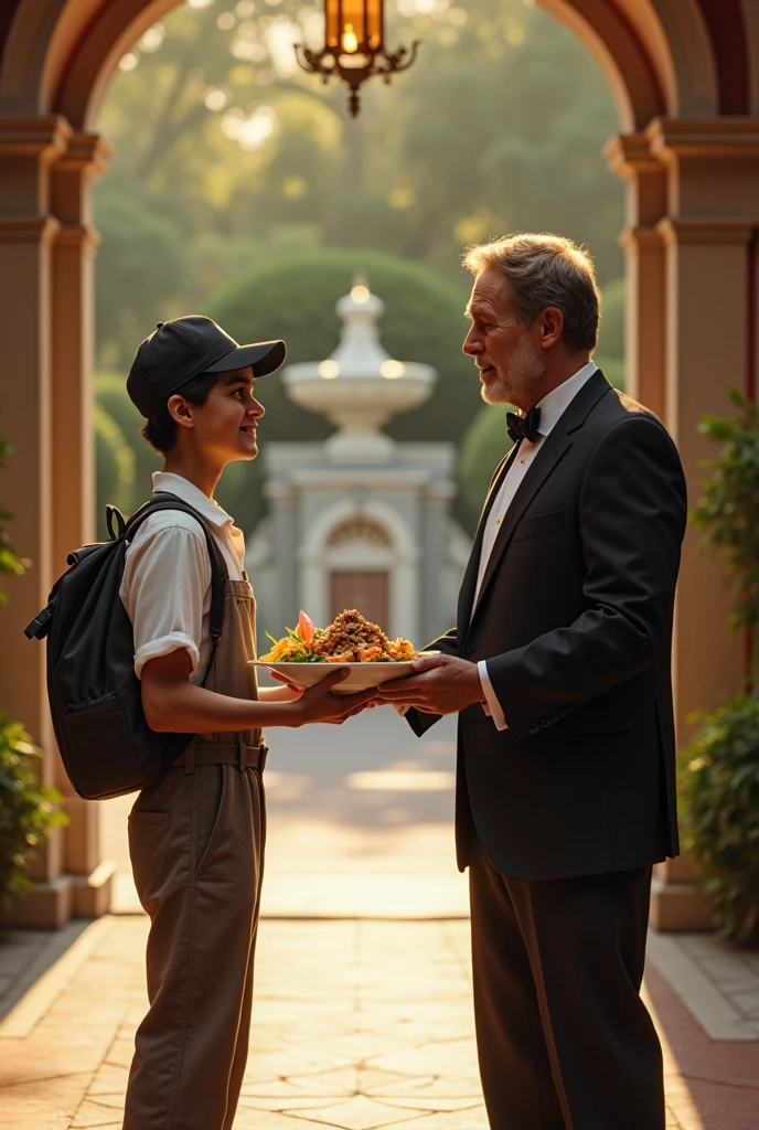 Delivery boy passing food to the rich person