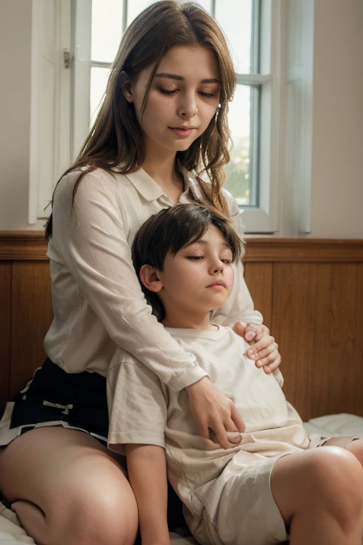 A young boy sitting on his mother's lap in a school, realistic, hyper detailed, high quality, intricate details, masterpiece, photorealistic, extremely detailed face and eyes, beautiful detailed lips, long eyelashes, tender expression, warm lighting, soft colors, intimate embrace, outdoor scene, plush bedding, sunlight filtering through windows, main focus mother and son, 1 woman has big thighs, mother and son's close relationship, where's the young boy at?, younger brother, shorts, skirt