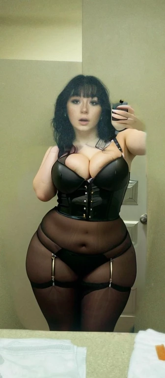 arafed woman taking a selfie in a mirror with a cell phone, with pale skin, she looks like a mix of grimes, goth girl aesthetic, 1  goth girl, looks like a mix of grimes, goth aesthetic, pale goth beauty, looks a blend of grimes, very very very pale white skin, resembling a mix of grimes, Big tits, huge , no clothes, sexy, cute, wide hips, thick thighs, pear-shaped body, minimal clothes, thick, bbw, chubby stomach, thick nipples, nipple piercings, large areola, hard nipples, piercing through shirt, nipples hard through shirt, busty, major cleavage, naked, ripping through top,  spilling over sides, bra too tight, giant , dominatrix, dominatrix clothes, revealing clothes, ass so fat you can see it from the front