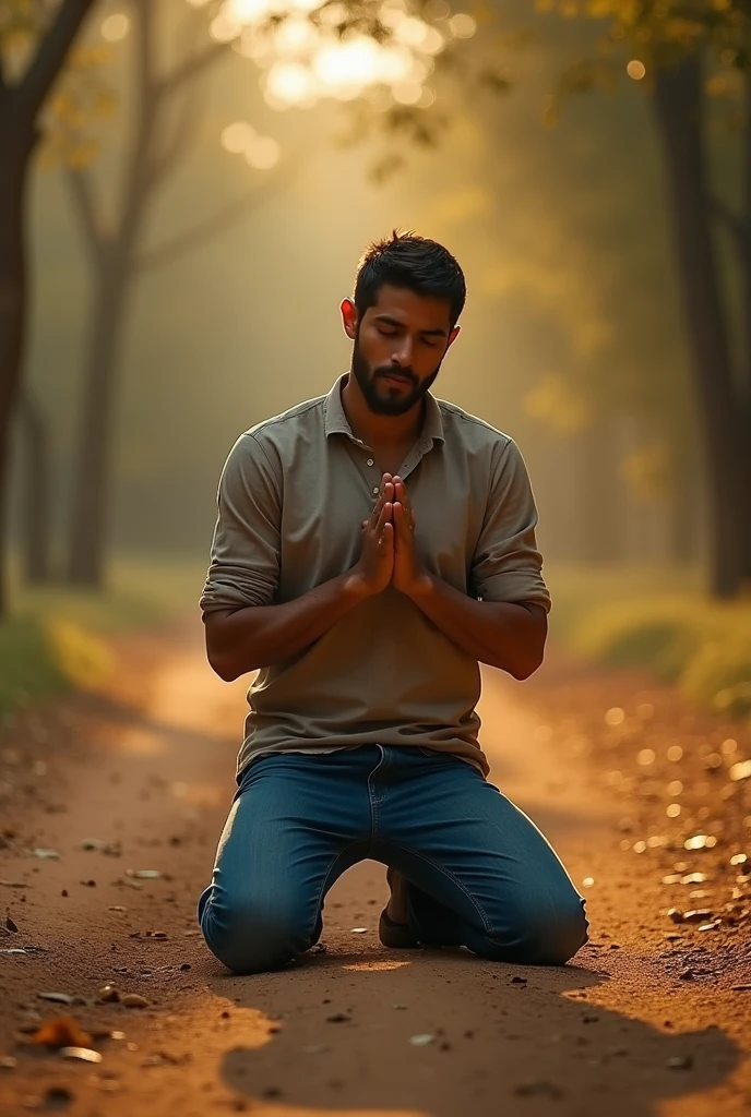 "A man wearing blue denim jeans is kneeling on the ground with one knee on a dusty, earthy surface. His head is bowed in deep prayer, and his hands are clasped tightly in front of him, raised slightly towards the sky in a gesture of supplication. The surroundings are natural, with a warm, golden light filtering through the trees in the background, giving the scene a serene and spiritual atmosphere. The man’s expression is one of intense devotion and earnest pleading, as if he is pouring out his heart in prayer to God."16;9