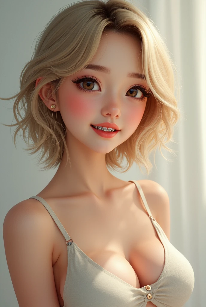 A Thai girl with blonde hair, short hair, cute, braces, big breasts, not a cartoon.