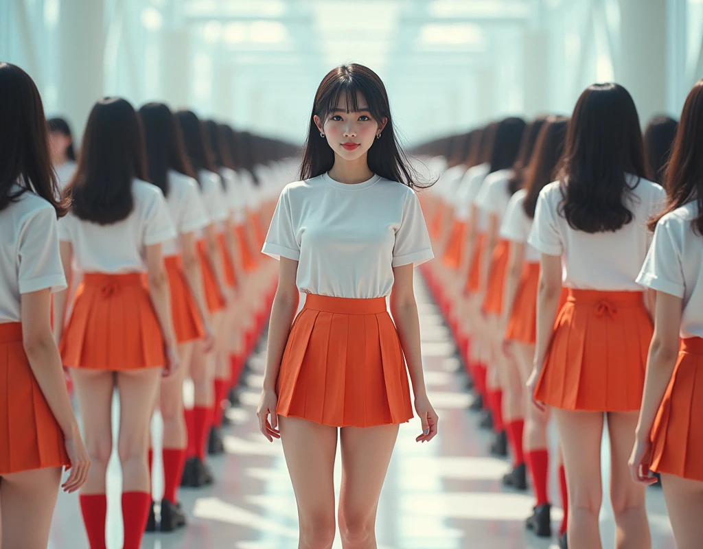 (((((Japanese Clone-girls=Myself))))), (((Super Best masterpiece Clone-girls Raw Photography Art))), (((16K, Highest quality, Ultra-high resolution, RAW Photos))), (((It's so unrealistic., With unparalleled depiction, With an unfathomable sight, An unprecedented and shocking worldview, Clone-girls: In a world of mass reproduction, Ultra-realistic))), (((Japanese Girls, Sasaki Nozomi, 26yo, Small face, Thick black hair, Medium to long hair, Dark Eyes, Mature face, Cute Smile, Smiling face, A gentle gaze, (((Very happy laughter)))))), (((Very beautiful detailed girls, Accurate body structure, Accurate body movements, Very detailed body, (((Super big breasts, Large bulge of ample breasts)))))), (((White short-sleeved shirt, I can see the cleavage, Emphasise the fullness of your breasts, Orange pleated mini skirt, Red color socks, Black leather shoes))), ((((((((Very detailed, Myself cloning, Depiction of splitting oneself, 1Myself girl→1,000,000,000,000,000,000,000,000,000,000Myself cloning girls)))))))), (((((((Myself clone-girlsから, Myself keeps multiplying, (Very detailed and intricate, To the exact, Flawless, (((In the same female body,With the same face, With the same hairstyle, In the same clothes, At the same height, 同じSuper big breastsである))), In a detailed depiction), 1,000,000,000,000,000,000,000,000,000,000 people))))))), (((((Myself girls only))))), (((((1,000,000,000,000,000,000,000,000,000,000Myself girls))))), (((((Very detailed depiction, Multiple or more Myselves, Physical contact, Pleasant conversation, Holding hands, Hug, walk, Turn around, Shift your gaze))))), (((Very detailed, Extremely crowded, Body-to-body contact with no gaps))), (Bright and soft light), (((((Clear and accurate perspective depiction, super wide view, Ultra-wide field of view, Focus on the average value of the image))))), A crowd of Myself filling up the horizon, Everyone is sexy!!!!, I want to touch each other, I want to have sex with everyone, I want to put my boobs together, Sex with a group of people!!!!!
