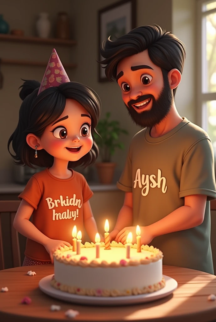 Birthday girl and here father cut the cake birthday girl name is AYSH both are wearing casual dress beard in father face birthday girl name display on t shirt here name is Aysh