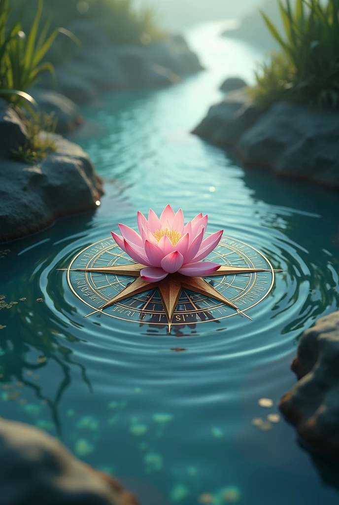 1. River: Imagine a winding river flowing from the bottom of the image upwards. It could be depicted with gentle curves and reflections to suggest movement and depth.
2. Compass Rose: Place the compass rose at the center or slightly above the river. The compass rose can have intricate details with cardinal points clearly marked, symbolizing direction and guidance.
3. Lotus Flower: Position the lotus flower either floating on the river or placed above the compass rose. The lotus can be detaile
