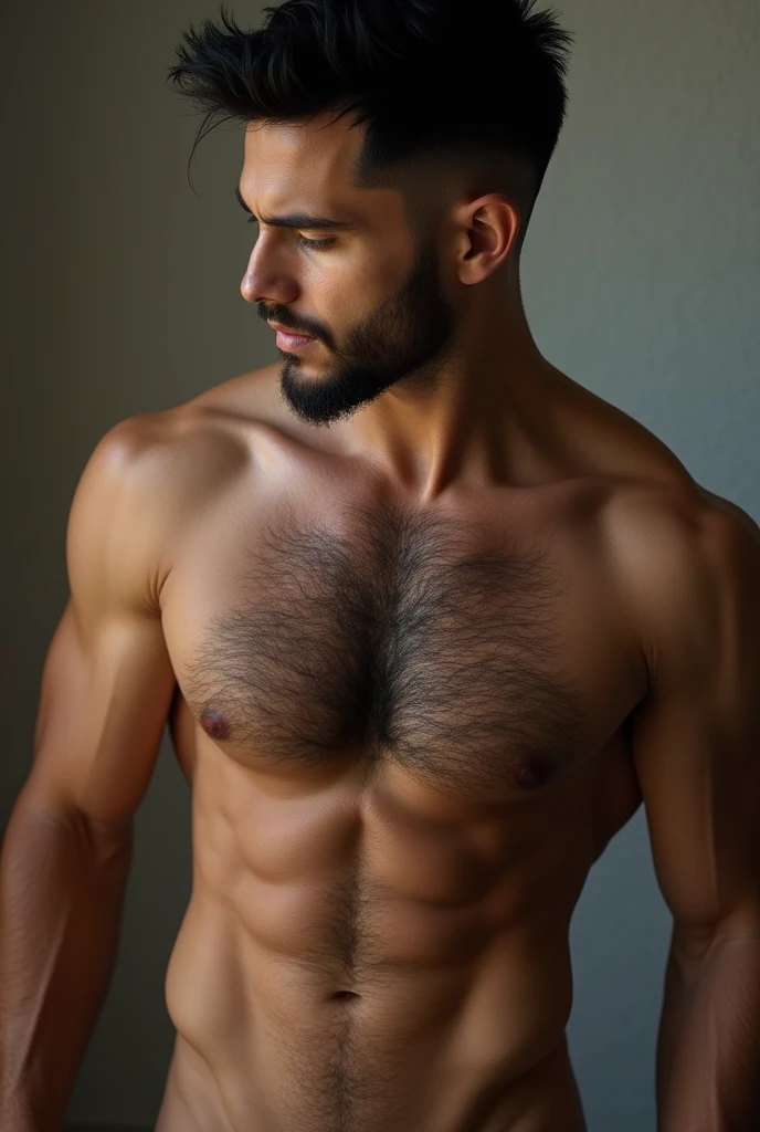 Sexy hot shirtless man with chest hair and hair on stomach and armpits 