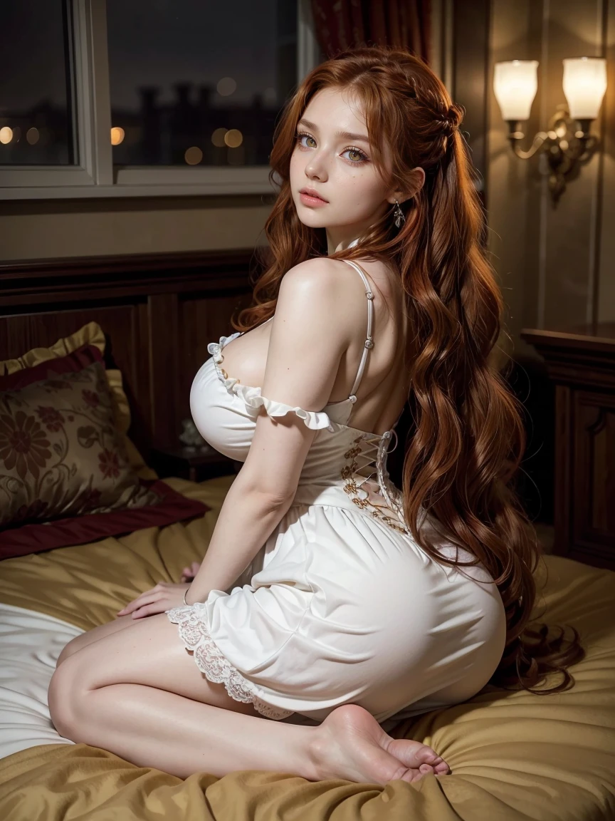 beautiful slim girl (: 1.3), (wearing a White Gothic ta dress ,Full body 1.2), enormous breasts 1.2), in her bedroom. Realistic anatomy. Very long wavy crimson hair, detailed attractive face, beautiful happy smile, lying down in her bed , arab Girl Beautiful, Baby symmetric Face, ,,enormous Breasts , in the red castle ) longs red curly and wavy red Hair tied in a daenerys hairstyle from game of thrones hairstyle. adorable masterpiece ((yellow honey colored-eyes, VERY DETAILED EYES)) , very thick hourglass figure body,, looking at viewer, ,(nighttime),wearing jewelry, earrings, ))innocent look, aroused, back view perfect ass