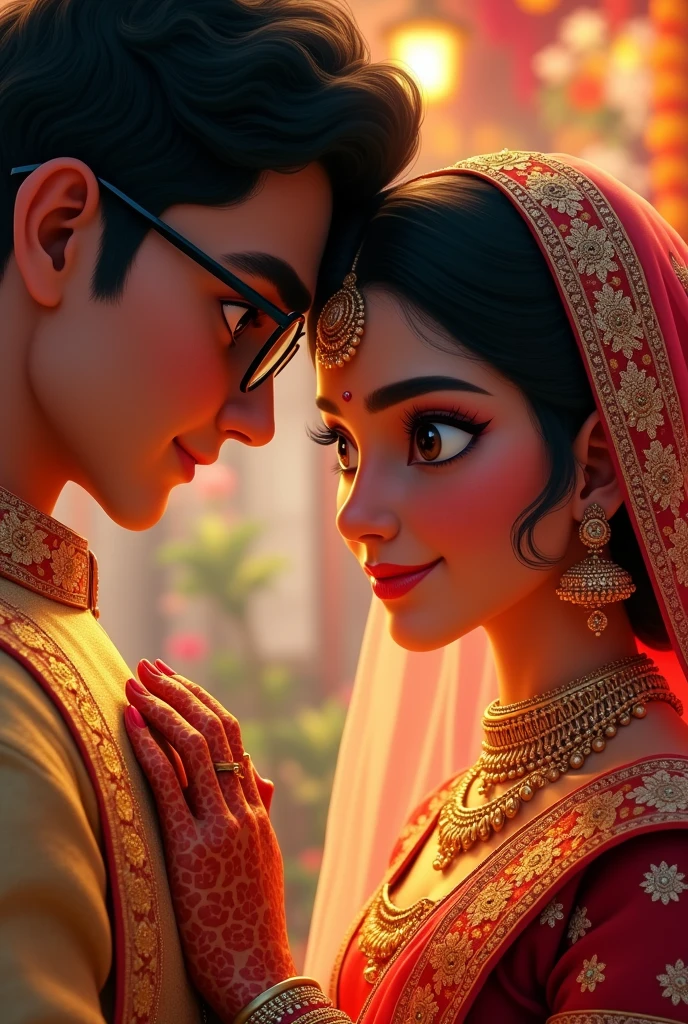 South Indian marriage , a boy with spects and round face big eyes pink lips thick eyebrows, a girl with beautiful eyes, red lips