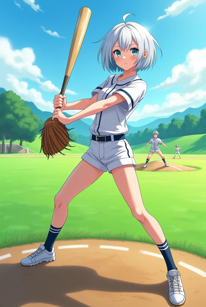 Anime Woman with short white hair, blue eyes, playing baseball in a field