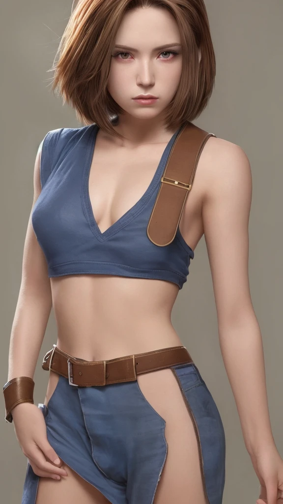One person, solo, High resolution, chest, Shortcuts, Brown Hair, Android 18's face and hairstyle from Dragon Ball, with brown hair.、Earrings、Light red blush on the cheeks、Glamorous figure、off-the-shoulder black shirt、Camel-colored mini skirt、In beauty salons、Holding scissors and cutting、Cute Smile、Bright interior、There are customers around who are getting their hair cut.、
