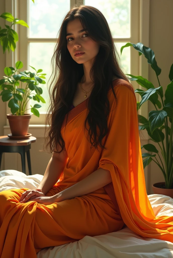 (photorealism:1.2), beautiful Indian Girl, 24 year , sitting on bed, wearing saree, long straight hair, indoors, soft lighting, plants in background, window with sunlight, normal room, relaxed pose, realistic, intricate details, warm colors, by Greg Rutkowski, by Alphonse Mucha