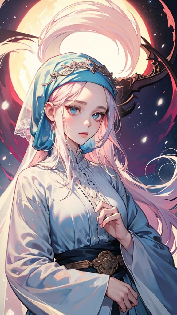 1,girl princess.(((WEARING HEADSCARF A ISLAMIC VEIL ON HEAD,  ILLUSTRATION)))
young female albino skin, snow white skin, white  hair,lovely face, crimson lovely big eyes, crimson medieval clothes, innocent face, islamic islamic islamic islamic mythologicalA extremely delicate and beautiful silver-haired girl,Blue pupils,Intricate details, depth of focus,highly detailed, digital painting, artstation, concept art, character art, art by greg rutkowski and tyler jacobson and alphonse mucha Islamic Islamic 8k big lovely eyed wearing veil on head islamic wearing a headscarf veil 👰‍♀ big huge lovely eyes a detailed portrait of a cute goth brunette girl, by justin gerard and greg rutkowski and agnes cecile, digital art, realistic painting, dnd, character design, trending on artstation islamic islamic beautiful like moon young female albino skin, snow white skin, white curly hair, slender face, crimson eyes, crimson medieval clothes, innocent face, islamic islamic islamic islamic mythological big eyed, big eyed silver COLOR EYES, 
big huge lovely big lovely eyed and large eyelashes 
white long hair red lovely eyes extremely beautiful cute and innocent face girl fantasy blue long hair, green eyes, blue star on the left cheek, singing girl islamic islamic  extremely detailed white skin wearing pink color rose dress 🌹 everywhere young female albino skin, snow white skin, slender face, red eyes, crimson islamic  clothes, innocent face, islamic islamic islamic islamic red lovely big lovely eyed woman with veil  islamic islamic beautiful like moon have pink hair,  