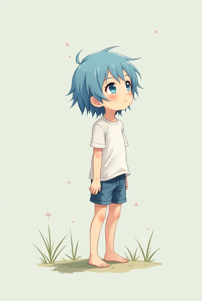 Anime young boy, blue hair, bare feet at low angle, White skin