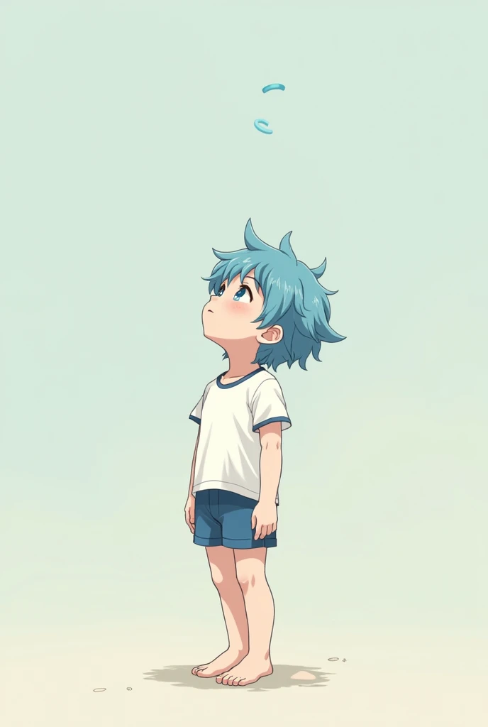 Anime boy, blue hair, bare feet at low angle, White skin