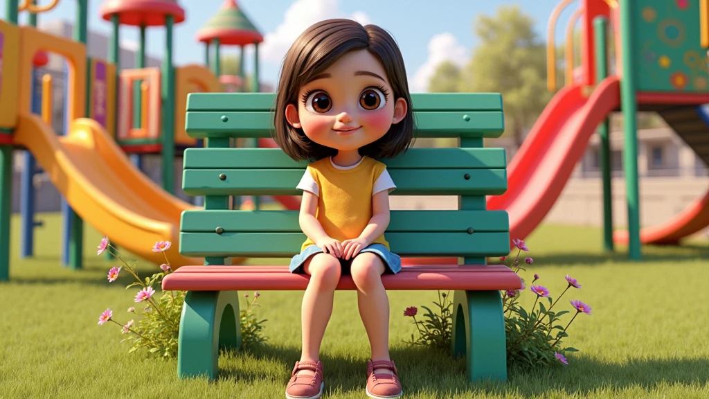 A girl sitting on a playground bench, Pixar-style 3D animated illustration style.