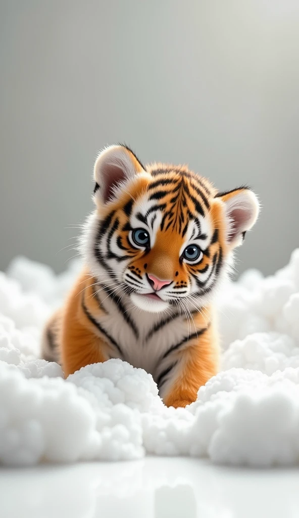 A chubby and cute little tiger baby, Very fat，Big bright eyes, Cute and cuddly，Fluffy, Delicate and exquisite, Real version of tiger cub，The expression is very cute，Play with real white foam in the bathroom，Pure white high-end bathroom background