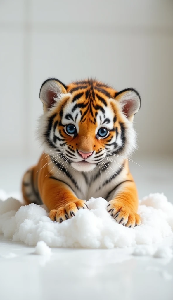A chubby and cute little tiger baby, Very fat,Big bright eyes, Cute and cuddly,Fluffy, Delicate and exquisite, Real version of tiger cub,The expression is very cute,Play with real white foam in the bathroom,Pure white high-end bathroom background