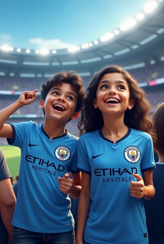 One boy sohan and girl samita are seeing mancity vs realmadride football match.they wearing mancity jersy.the boy name sohan and the girl name samite are showing there jersy. the boy and girl both 1