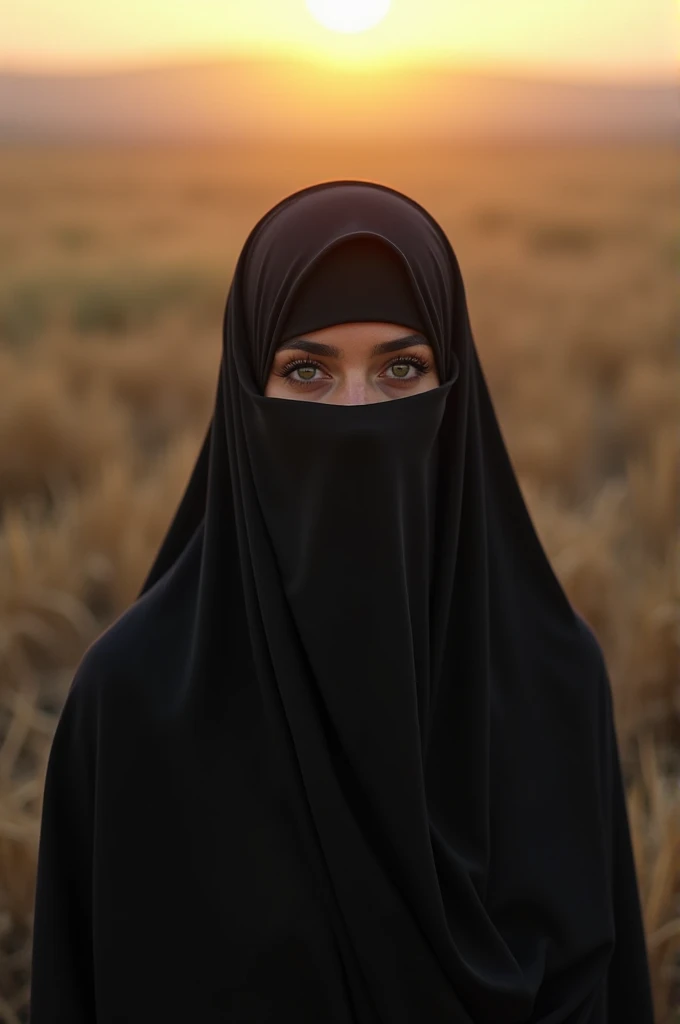 8K Photo In a large field surrounded by poor children, the girl wearing a thin black veil will be in the middle and her breasts will be visible from inside the veil. A beautiful light will fall from above. There will be and everyone will be looking at her, a beautiful 30 year old sexy girl from Saudi Arabia