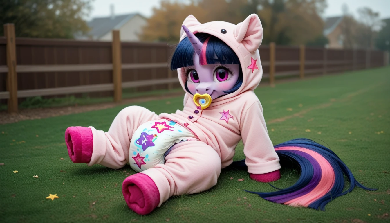 pony, purple unicorn, dark blue mane with purple streak and pink streak, the tail is dark blue with a purple strand and a pink strand, purple eyes, on the side close to the back hoof is a drawing of a pink star with six small stars around a central star, adult mare, sitting outside, dressed in a onesie and booties, pacifier in mouth, solo, thick diaper under clothes, pink blush on cheeks, Embarrassment, Awkwardness.