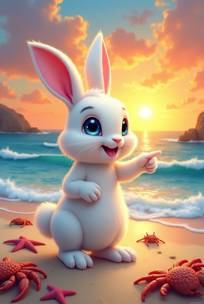 I am a famous painter of hyperrealistic images and I want to draw a picture of a white rabbit with blue eyes smiling that is pointing towards the sunset, The sun is big and already has half hidden on the horizon, The sky has an orange and yellow color with beautiful clouds spread out, The rabbit is on the shore and on top of the sea foam on the white sand, Around the rabbit are several starfish and crabs., both of different sizes and colors