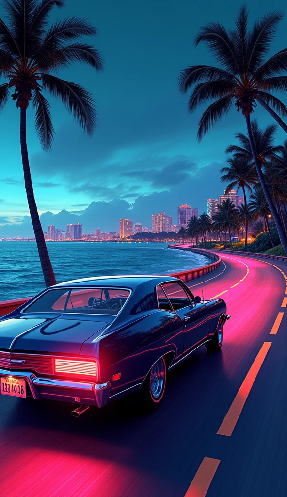 ideal vintage car, palm trees, marine drive way, GTA Vice City style, night vibe, 80s, Hawaii, retro comic style illustration(back view)