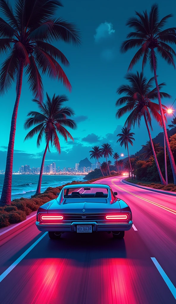 ideal vintage car, palm trees, marine drive way, GTA Vice City style, night vibe, 80s, Hawaii, retro comic style illustration(back view)