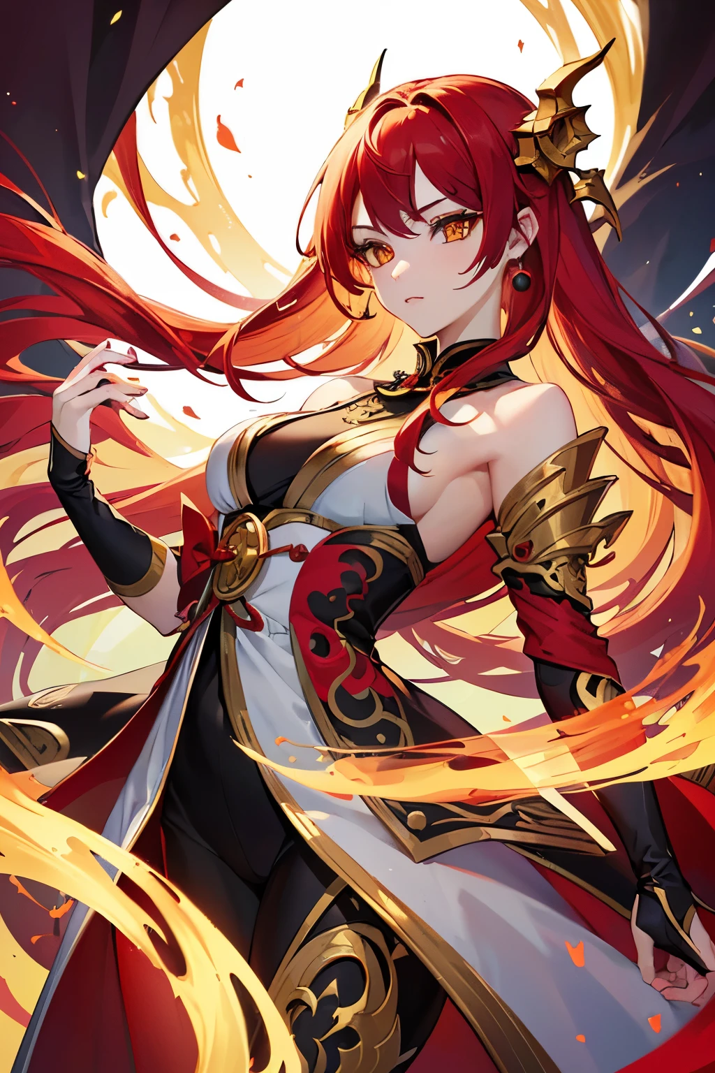 (work of art, Maximum quality, best qualityer, offcial art, beautiful and aesthetic:1.2) A dragon yokai girl with red hair, golden eyes and white skin.
