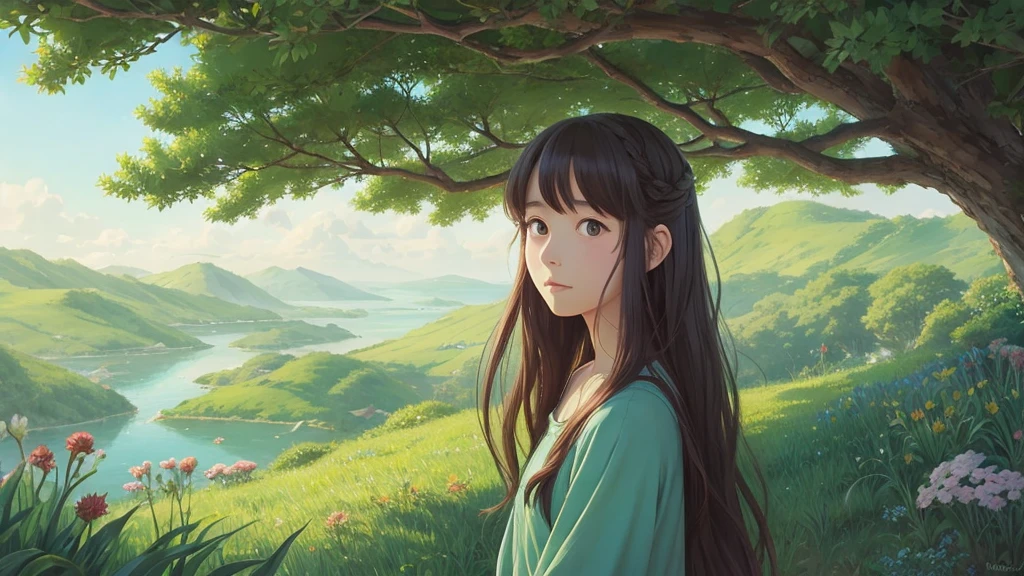 Ghibli style anime woman、nature、Ghibli-style illustrations、Early Afternoon、Long Hair