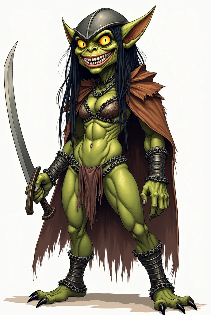 Goblin queen with large yellow eyes, a large toothy grin, chainmail helmet, chainmail bikini, black dreadlocks, short and stout stature, non muscular stomach, pubic hair peeking out of bikini, brown leather poncho, drawing, simple lines, no shading, short ears, hard nipples and labia outline, fire sword
